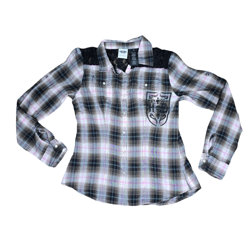 Harley davidson plaid lace accent button up blouse size medium black white snap